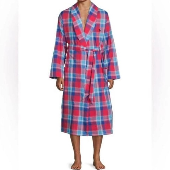 POLO RALPH LAUREN Men's 100% Cotton Woven Plaid Robe Red Multi S/M Small Medium - Picture 1 of 8